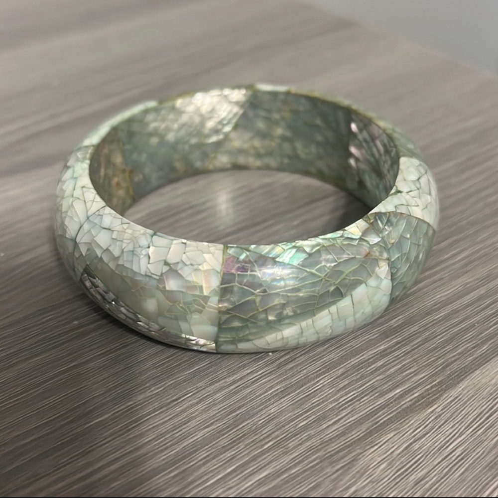 Vintage Iridescent Seashell Bangle Bracelet, Plastic